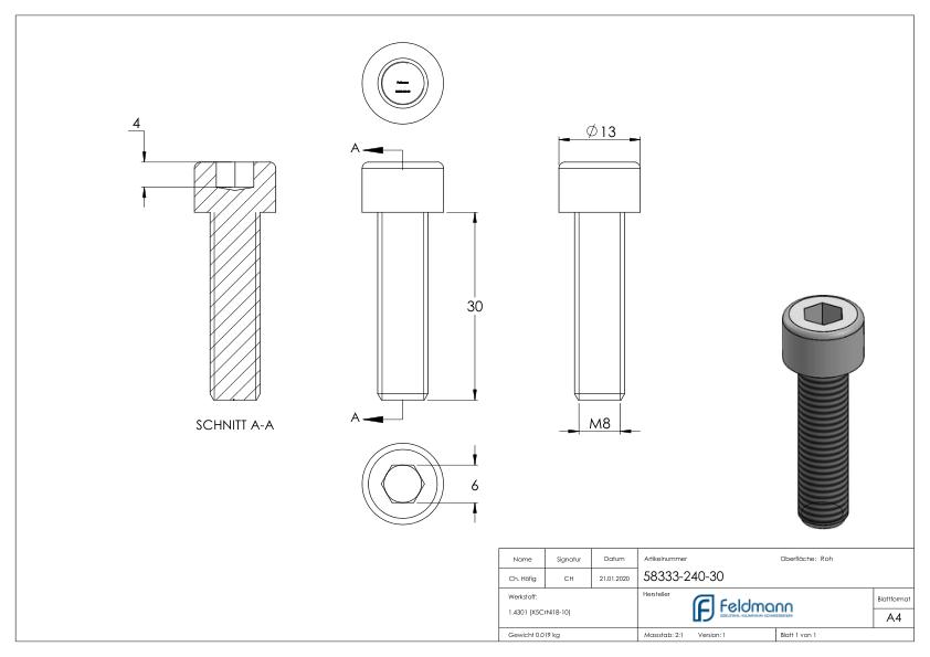 Zylinderkopfschraube M8x30, V2A, DIN 912