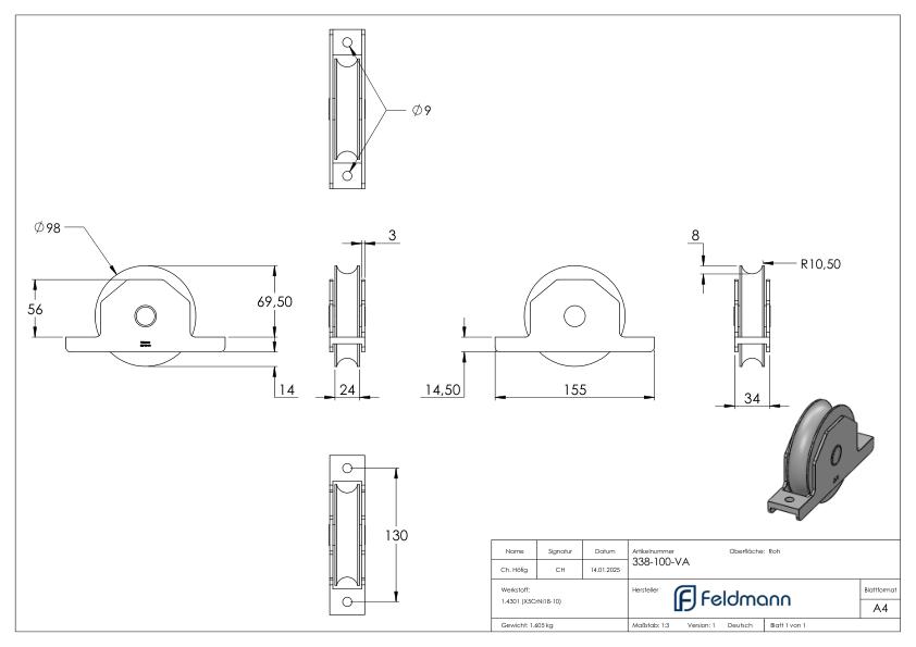 Schiebetorrolle, Rundrille, Ø 98mm, V2A Schiebetorrolle, Rundrille, Ø 98mm, V2A