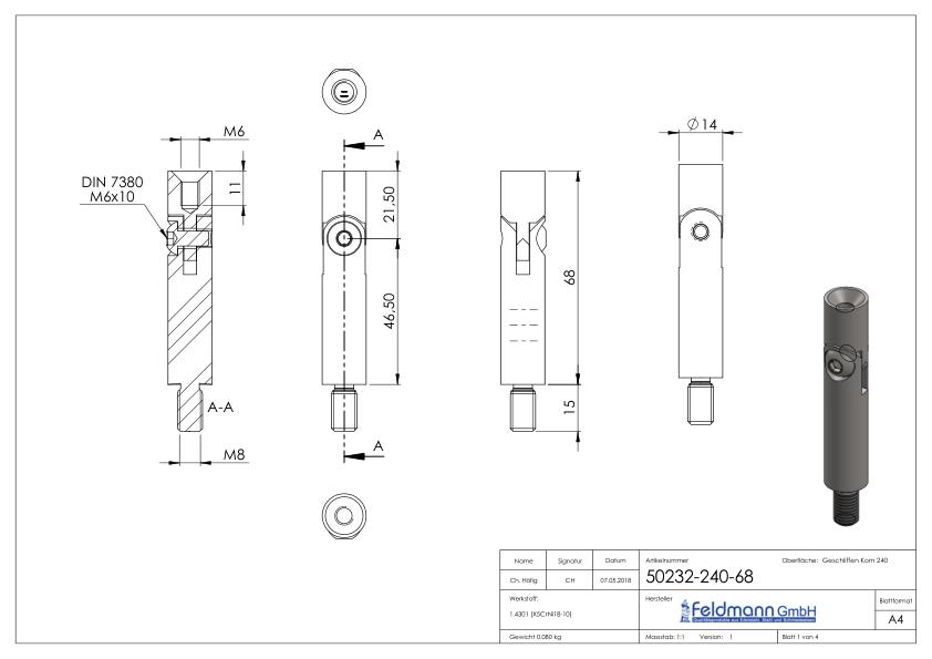 Gelenkstift Ø 14mm, L: 68mm, V2A