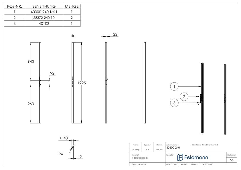 Schlossrohr inkl. Schloss mit Abstand 92 mm, 40x40x2,0 glatt, 2000mm, V2A