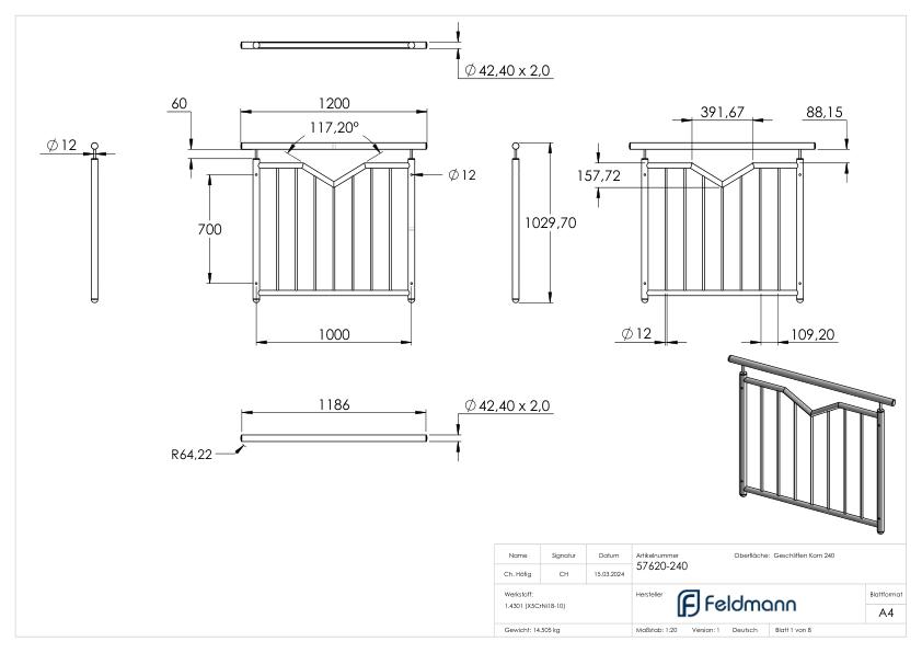 Französisches Balkongitter, mit V-Ausschnitt, B: 1000mm, V2A
