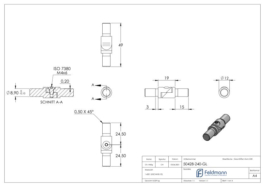 Rohrverbinder mit Gelenk für Rohr 12,0x1,5mm, V2A