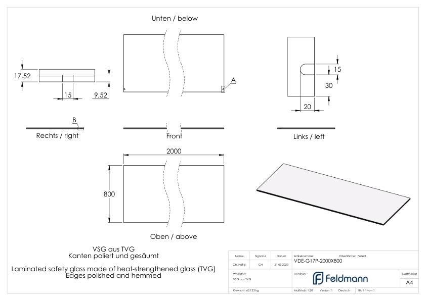 Eleganza canopy Glas: 2000x800mm VSG aus 2x8mm TVG mit 1,52mm PVB