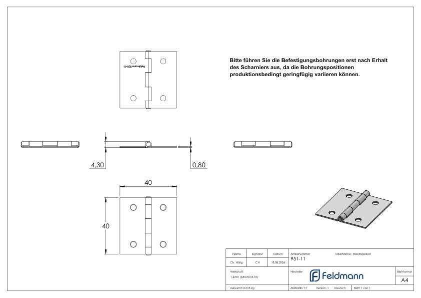 Edelstahl-Scharnier 40x40mm mit festem Zapfen
