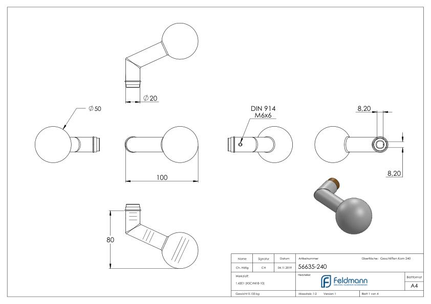 Türknopf, einzeln, Ø 50mm, gekröpft, V2A